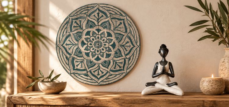 A mandalás falidísz és a meditatív jógaszobor együtt letisztult, mégis karakteres hangulatot teremtenek
