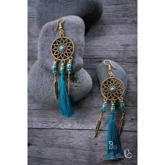 Arany nap medálos rojtos fülbevaló - világoskék