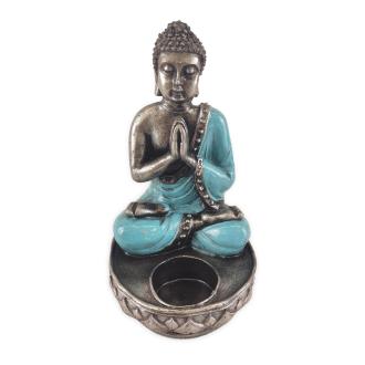 Buddha Mécses Tartó Szobor - Ezüst & Kék