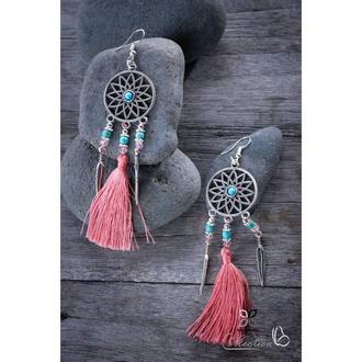 Ezüst nap medálos rojtos fülbevaló - rózsaszín