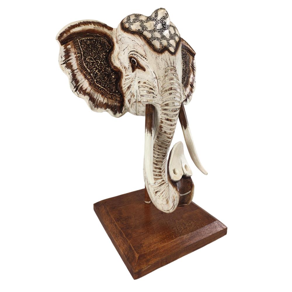 Gayah Díszes Faragott Nagy Elefánt Fej Szobor - Fehér, 55 cm